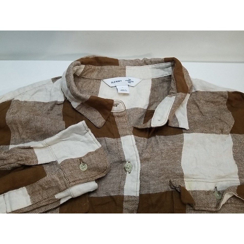 Old Navy The Boyfriend Button Up Shirt Womens Large Brown Plaid Long Sleeve